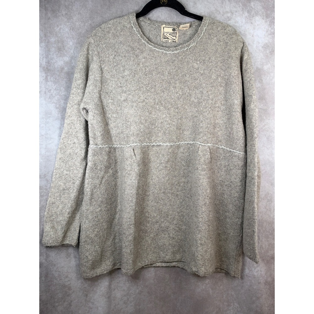 River Road Tunic Sweater Women Medium Oatmeal Lambs Wool Blend Braided Trim